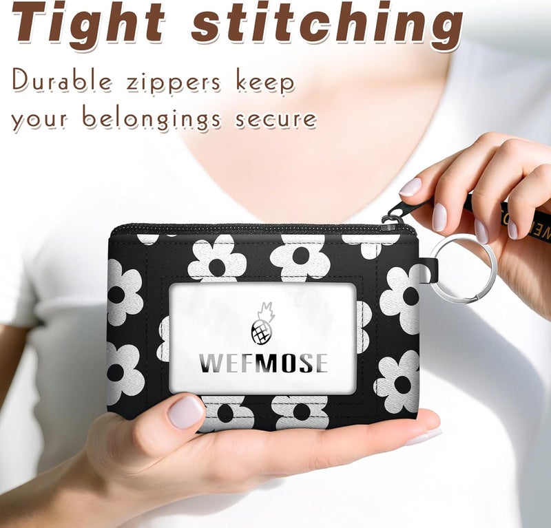 WEFMOSE Small Wallet Keychain with Clear ID Window Zipper Cute ID Case Coin Purse for Women Water Resistant Coin Pouch-Flower-Black Keychain Wallet - Image 4